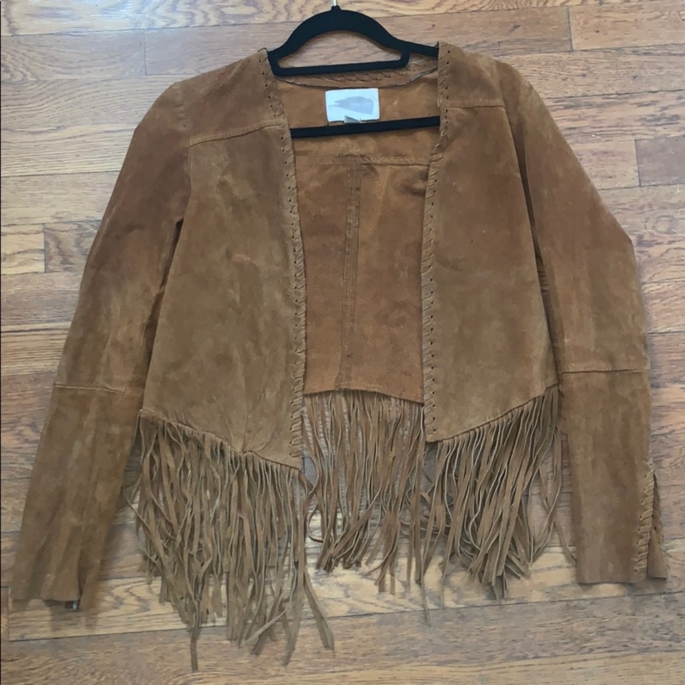 Women’s XS Brown Genuine Suede Fringe Trim Jacket